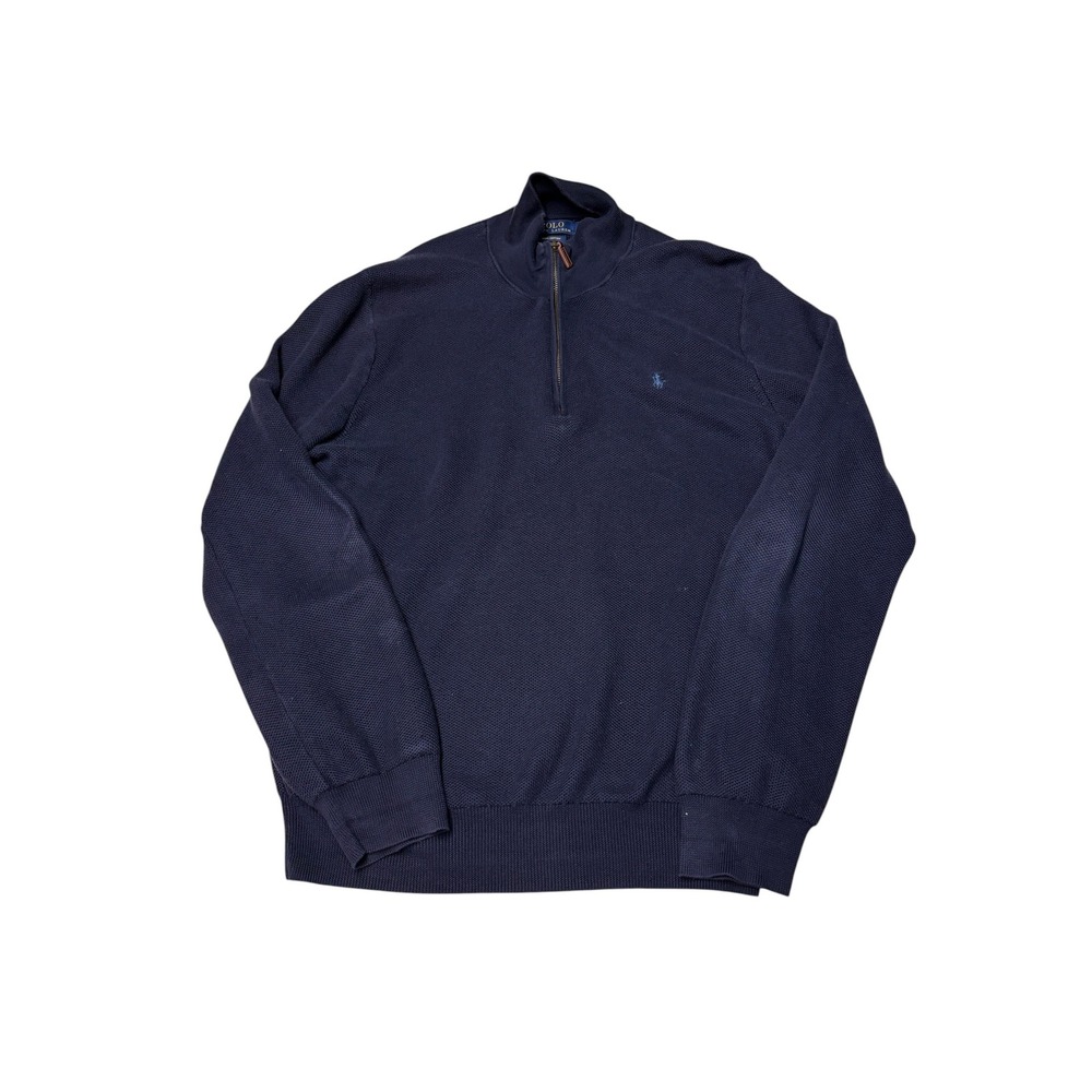 Polo Ralph Lauren Mens Navy Blue Pima Cotton Quarter Zip Pullover Sweater L